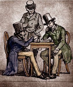 Soren Kierkegaard Playing Chess (pen and ink with wash on paper) بواسطة المدرسة الدنماركية
