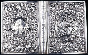 غلاف الكتاب العلوي والسفلي بأوراق الشجر وصورة للسامري الصالح ، 1740 بواسطة المدرسة الدنماركية