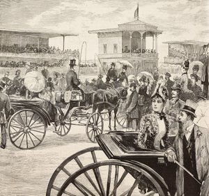 رجال ونساء أنيقون يحضرون سباق خيل في مضمار السباق ، روما ، إيطاليا ، نقش من رسم لدانتي بولوتشي ، من L