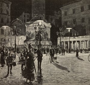 ساحة كولونا مضاءة بضوء كهربائي ، روما ، إيطاليا ، رسم لدانتي بولوتشي ، نقش من L