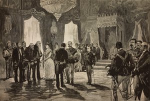أمير نابولي ، ألفونسو ماريا جوزيبي ألبرتو من بوربون - صقليتان في زي ملازم ثان ، في حفل استقبال السنة الجديدة في كويرينال ، إيطاليا ، نقش من رسم لدانتي بولوتشي ، من L