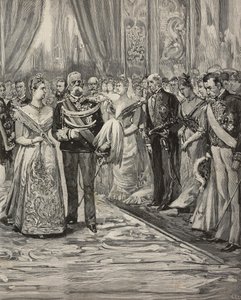 Umberto I و Margherita of Savoy في حفلة موسيقية بمناسبة زفافهما الفضي ، Palazzo del Quirinale ، روما ، إيطاليا ، نقش بعد الرسم بواسطة Dante Paolocci ، من L