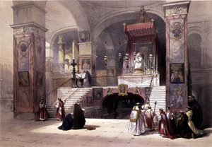 كنيسة البشارة ، الناصرة ، 28 أبريل 1839 ، اللوحة 32 من المجلد الأول من "الأرض المقدسة" ، نقشها لويس هاغي (1806-1885) حانة. 1842 (ليثو) بواسطة ديفيد (بعد) روبرتس
