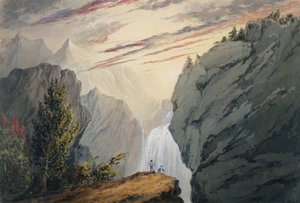 عند الشلال ، حوالي عام 1850 (ألوان مائية وصمغ عربي وغواش على ورق منسوج أبيض فاتح)