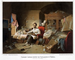 الرئيس لينكولن ، يكتب إعلان الحرية ، 1 يناير 1863 ، حانة. 1864 بواسطة ديفيد جيلمور بليث