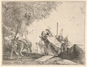 مريم ، بمساعدة يوسف وملاك ، وهي تخطو من قارب إلى الشاطئ ، ويثبت ملاك ... 1753. بواسطة ديفيد جيوفاني