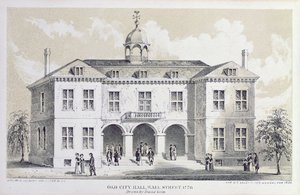 قاعة المدينة القديمة ، نيويورك ، في عام 1776 ، من "دليل عيد الحب" ، منقوش بواسطة جورج هايوارد ، 1856 بواسطة ديفيد جريم