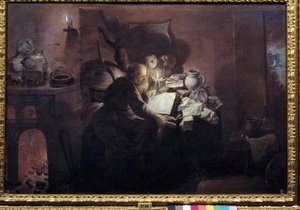 الكيميائي في مرسمه. لوحة لديفيد ريكارت الثالث (ريكارت) (1612 - 1661) إيك. Flam.