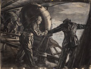 دراسة عن زرع الألغام الشتوية قبالة آيسلندا، حوالي عام 1942 (فحم وطباشير ملون على ورق) بواسطة ديفيد مويرهيد بون