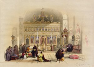 كنيسة دير القديس سابا ، 5 أبريل 1839 ، من المجلد الثاني "المنشورة في لندن" الأرض المقدسة "؛ محفورة من قبل Louis Haghe (1806-85) 1842 Land، &39;1842 (litho color) بواسطة ديفيد روبرتس