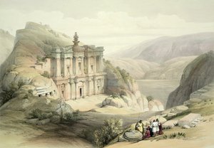 الدير ، البتراء ، 8 مارس 1839 ، اللوحة 90 من المجلد الثالث من "الأرض المقدسة" ، نقش بواسطة حانة لويس هاغي (1806-85). 1849