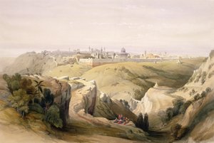 القدس من جبل الزيتون ، 8 أبريل 1839 ، اللوحة 6 من المجلد الأول من "الأرض المقدسة" محفورة بواسطة حانة لويس هاغي (1806-85). 1842 بواسطة ديفيد روبرتس