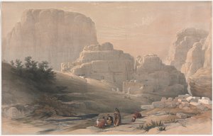 البتراء ، الطرف الأدنى من الوادي ، عرض الأكروبوليس ، 1839. بواسطة ديفيد روبرتس