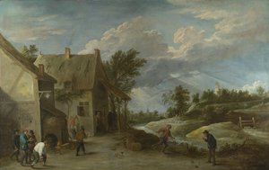 الفلاحون يلعبون الأوعية خارج نزل القرية ، ج. 1660 بواسطة ديفيد تينيرز الأصغر