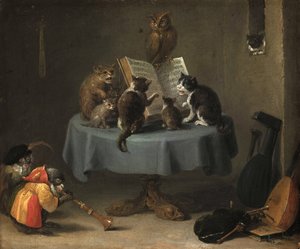حفلة القطط حسب تينيرز ، ديفيد الأصغر (1610-1690). زيت على خشب ، مقاس: 26x31.5 بواسطة ديفيد تينيرز الأصغر