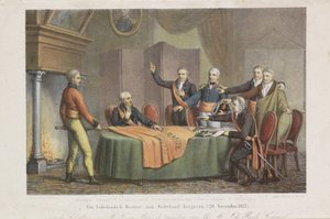 قبول الحكومة الثلاثية للحكومة العليا باسم أمير أورانج ، 21 نوفمبر 1813 إعادة إدارة هولندية إلى هولندا. (20 نوفمبر 1813) (العنوان على الكائن)