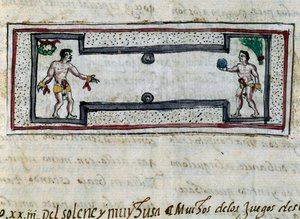 Aztecs playing game of pelota, miniature from History of Indies (Historia de las Indias) by Diego Duran (1537-1588), manuscript from 1579