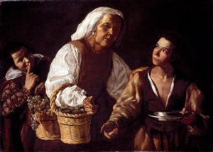الصبيان والمرأة العجوز الفاكهة أو بائع الفاكهة القديم (Dos muchachos y vieja con fruta o La vieja frutera). لوحة دييغو رودريغيز لسيلفا فيلاسكيز (فيلاسكيز بواسطة دييجو رودريغيز دي سيلفا واي (من Attr. To) Velazquez