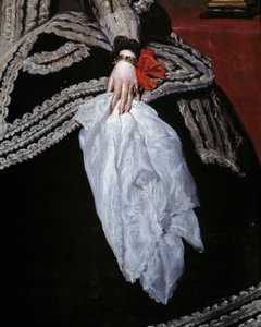يد ووشاح تفاصيل صورة الملكة ماري آن (ماريان) من النمسا (1634-1696) ، زوجة فيليب الرابع "لوحة رسمها دييغو فيلاسكيز (1599-1660) مدريد ، متحف برادو في القرن السابع عشر بواسطة دييجو فيلاسكيز
