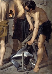 صياغة فولكان ، التفاصيل. يعمل أحد الحدادين على الدروع. رسم دييجو فيلاسكيز (1599-1660) 1630 صن. 2،23x2،90 م مدريد ، متحف برادو بواسطة دييجو فيلاسكيز
