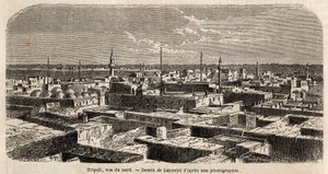 منظر عام لطرابلس ، رسمه لانسلوت ، لتوضيح ممرات طرابلس ، في عام 1860 ، في البارون دي كرافت. نقش في "" Le Tour du monde "" 1861. مجموعة سيلفا. بواسطة ديودون أوغست لانسلوت