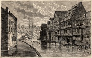 مدابغ قديمة ، في أولم ، رسمها لانسلوت ، لتوضيح رحلة فيكتور دوروي من باريس إلى بوخارست في عام 1860. نقش في "" Le tour du monde "، حرره إدوارد شارتون بواسطة ديودون أوغست لانسلوت