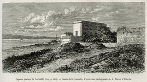 منزل جوزيبي غاريبالدي (1807-1882) في لا كابريرا (سردينيا) ، نقش بعد رسم من قبل دي لانسلوت ، لتوضيح قصة سوريا اليوم ، من قبل السيد لورتيه ، عميد كلية الطب في ليون ، المكلف مهمة علمية من قبل الوزارة س