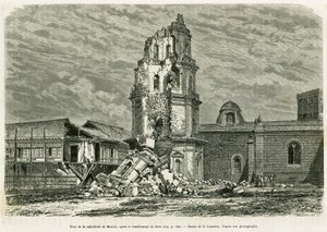 برج كاتدرائية مانيلا ، بعد الزلزال في 18 يوليو 1880. نقش لانسلوت لتوضيح قصة Lucon and Palaouan ، ست سنوات في الفلبين ، بقلم ألفريد ماركي