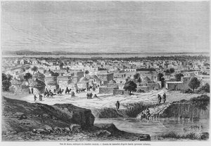 منظر لكانو ، نيجيريا ، من "رحلات واكتشافات في شمال ووسط أفريقيا" بقلم هاينريش بارث (1821-65) منشور في "لو تور دو موند" ، منقوش بواسطة تشارلز موراند (القرن التاسع عشر) 1860 (engravin