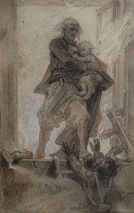 ماركيز لانتيناك ينقذ طفلاً ، توضيح من Quatre-vingt-treize بواسطة Victor Hugo (1802-85) (قلم رصاص ، قلم تلوين وغواش على ورق)