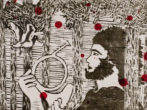 سيغفريد، الطيور الخشبية ودم التنين، دورة خاتم فاغنر، 2024 (نقش خشبي) بواسطة 