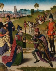 لقاء إبراهيم وملكي صادق ، تفاصيل من مذبح القربان المقدس ، حوالي 1464-68 (زيت على لوح)