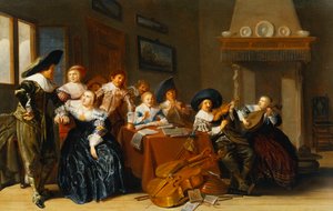 شخصيات أنيقة بأدوات تجلس على طاولة وشابة تغني في الداخل ، 1637 بواسطة ديرك الرقبة