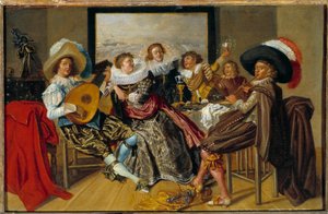 Gallant Meeting Musicians and young women playing music and raising their glasses at a party. Painting by Dirk Hals (1591-1656) 1625 Sun. 0,3x0,46 m بواسطة ديرك الرقبة