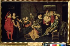 "The Merry Company" (The Merry Company) الحفلة في سكن هولندي ثري ، طاولة بورجوازية أنيقة. لوحة لديرك هالز (1591-1656) القرن السابع عشر خافت 41x66 سم متحف بوشكين ، موسكو بواسطة ديرك الرقبة