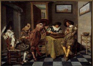 جزء من تريك تراك (ثلاثي تراك: لعبة الطاولة القديمة). لوحة لديرك هالز (1591-1656) ، حوالي 1615-1625. زيت على خشب. قاتمة: 0.38 × 0.53 م. ليل ، متحف الفنون الجميلة - لاعبو تيك تراك ("Trictrac: لعبة الطاولة القديمة). لوحة لديرك هالس (١٥٩ بواسطة ديرك الرقبة