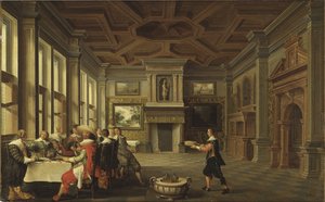 Diner distingue dans un interieur - شركة العشاء المتميز في الداخل ، بقلم ديلين ، ديرك فان (1605-1671). زيت على قماش بواسطة ديرك فان ديلين