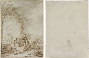 صورة أولية لألبوم للرسومات: فلاحون عند نافورة (وجه الصفحة) رسم تخطيطي للفلاحين عند نافورة (ظهر)