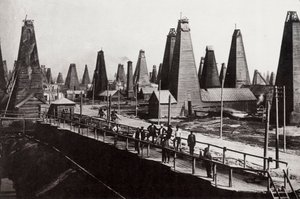 آبار النفط في باكو على بحر قزوين ، روسيا ، c1890