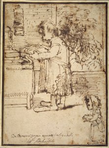 Caricature of the Aldobrandini theologian, with a female dwarf holding her dog (pen & ink on paper) بواسطة دومينيكينو