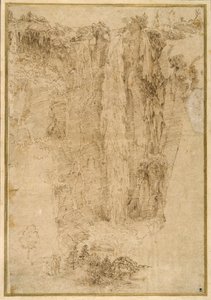 Landscape with a cascade; at the foot, two men, one mounted (pen & brown ink on paper) بواسطة دومينيكينو