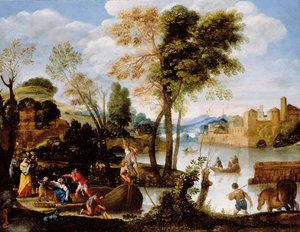 منظر نهر إيطالي مع مركب قوارب وامرأة مع سلة من السرطانات ، c.1604-05 بواسطة دومينيكينو