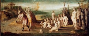 Deucalion و Pyrrha. شخصيات من الأساطير اليونانية تقذف الحجارة التي تلد البشر بعد الطوفان. لوحة لدومينيكو بيكافومي (1486-1551) ، حوالي 1525-1530. خشب. قاتمة: 53x134 سم. إيطاليا ، فلورنسا ، مؤسسة هورن (فلورنسا ، فوندازيوني إتش