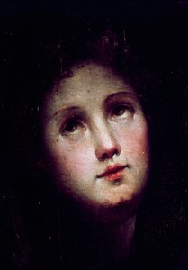 نزول المسيح إلى طي النسيان. تفاصيل وجه شاب يغرق في الظلام (الظلام) ويحدق في السماء. لوحة لدومينيكو بيكافومي (1486-1551)