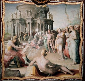 رسم زيوكسيس (أو زيوكسيبوس ، الرسام اليوناني لهيراكلي ، 464-398 قبل الميلاد) صورة هيلين لمعبد هيرا في كروتوني. لوحة لدومينيكو بيكافومي (1486-1551)
