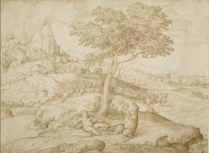 تحول كاليستوس إلى دب بعد ولادة أركاس ، c.1558 (قلم وحبر بني على ورق قشدي) بواسطة دومينيكو كامبانيولا