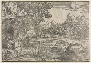 منظر طبيعي للقديس جيروم وأسدين ، ج. 1530-35. بواسطة دومينيكو كامبانيولا