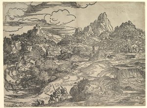 منظر طبيعي مع العائلة تمشي معًا في المقدمة ، على اليسار رقمين مع ... ، كاليفورنيا. 1535-40. بواسطة دومينيكو كامبانيولا