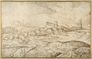 Mountainous landscape with a river, and a fortified town with a spired tower (pen & brown ink on white paper) بواسطة دومينيكو كامبانيولا