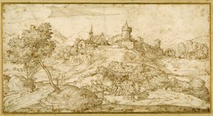 Mountainous landscape with a walled hill town: a shepherd accosted as he tends his flock in the foreground (pen & brown ink on paper) بواسطة دومينيكو كامبانيولا